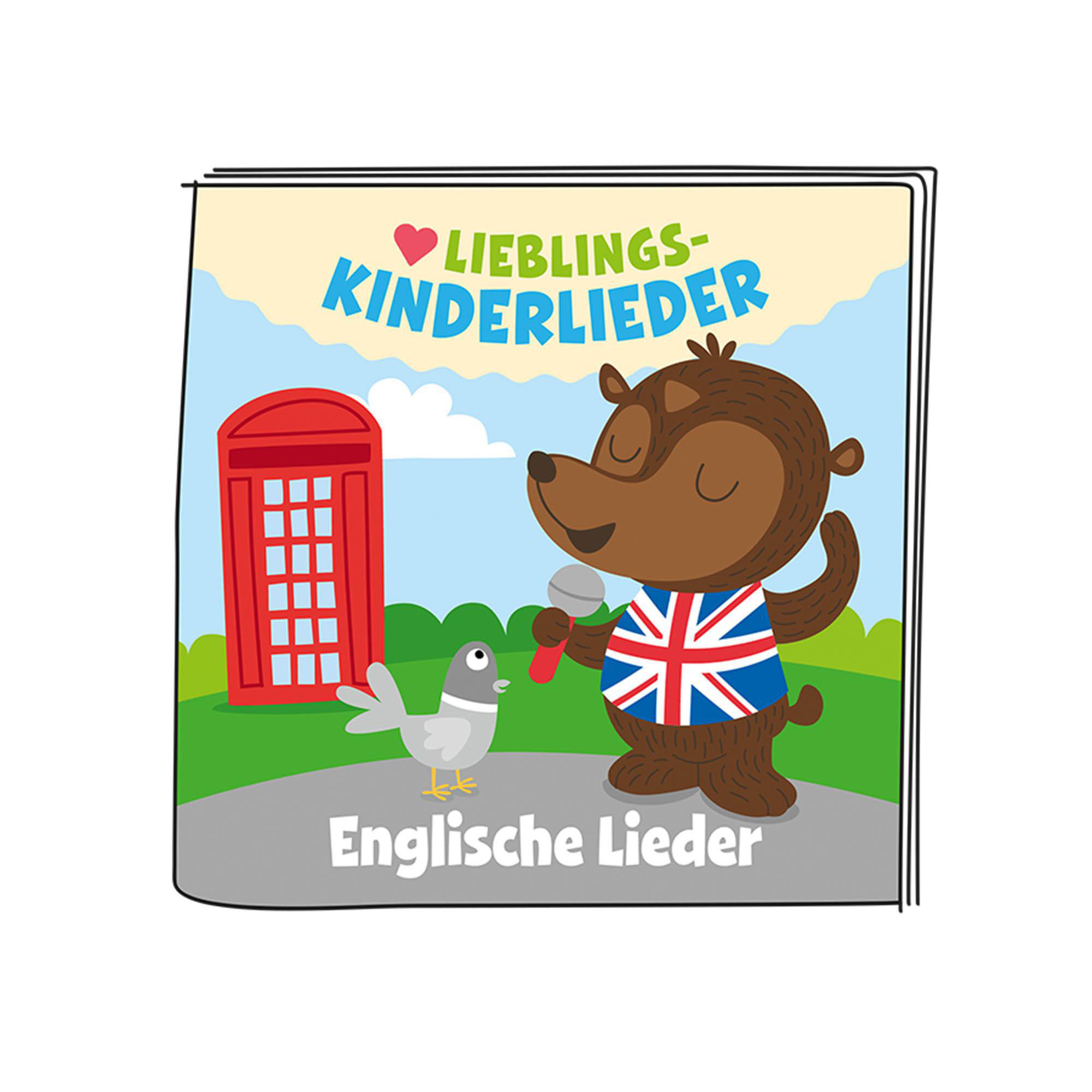 Cartoon eines Bären mit Union Jack-Hemd, der mit einer Taube und einer roten Telefonzelle singt.