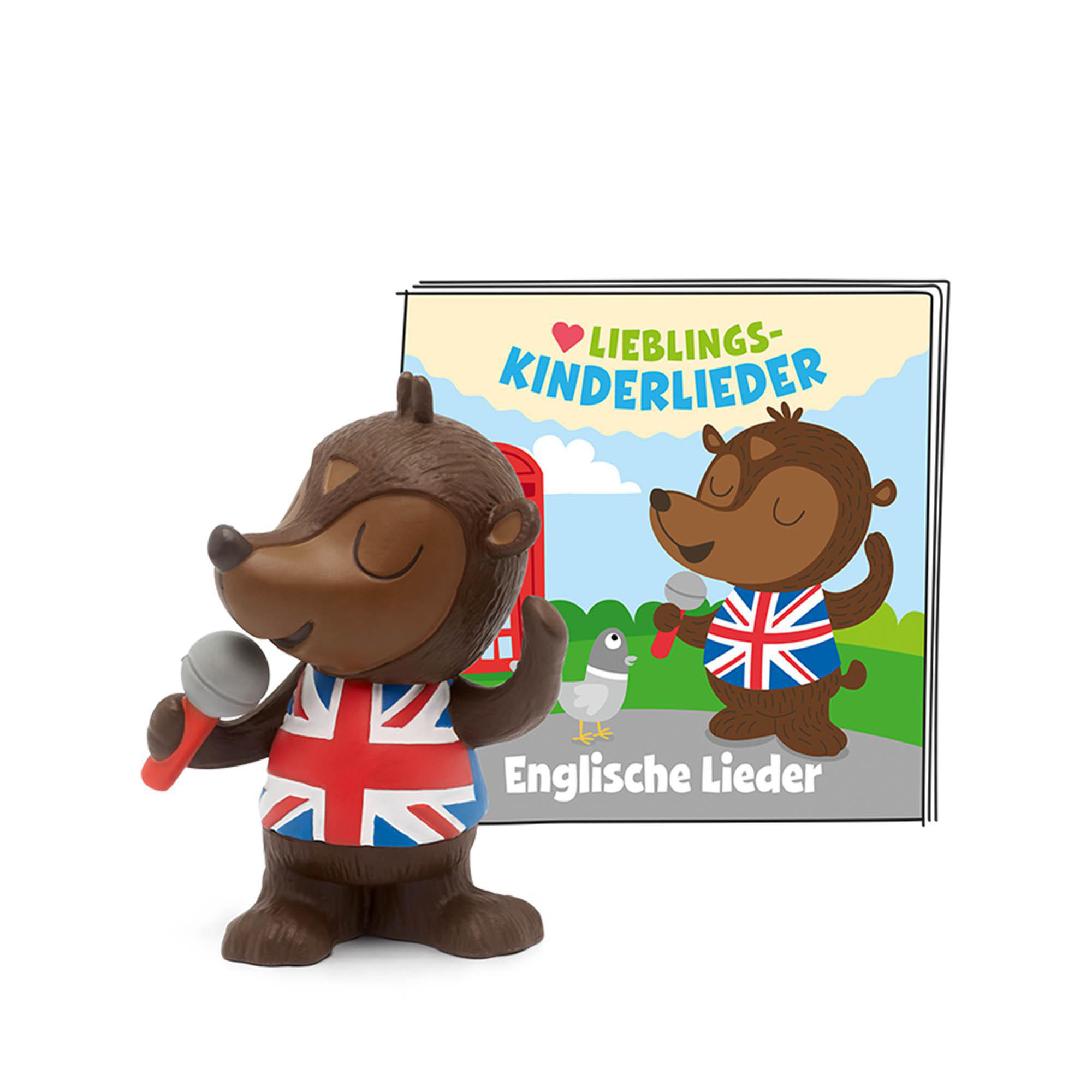 Ein Cartoon-Bär mit Mikrofon und ein Buch mit deutschen Wörtern.