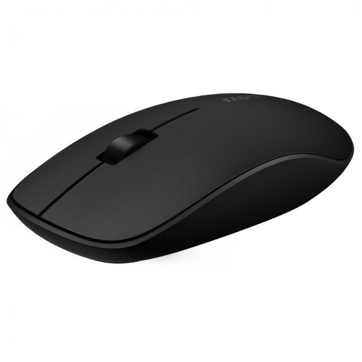 Un ratón de ordenador negro con una rueda de desplazamiento y un diseño elegante. Está sobre una superficie blanca.