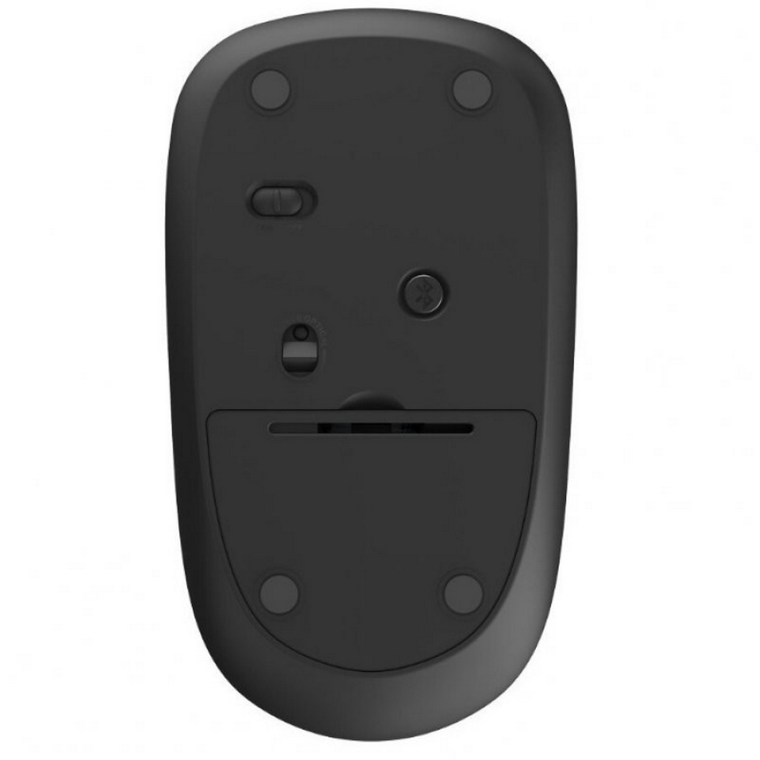 Ratón de ordenador negro, vista inferior, con rueda de desplazamiento y botones.