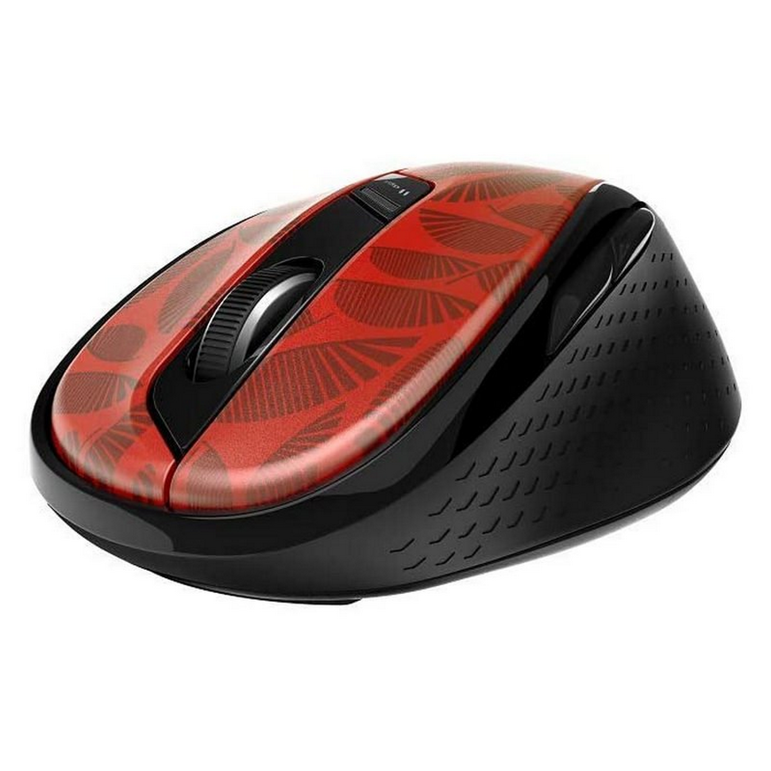 Ratón inalámbrico rojo y negro, con diseño de hojas en la parte superior.