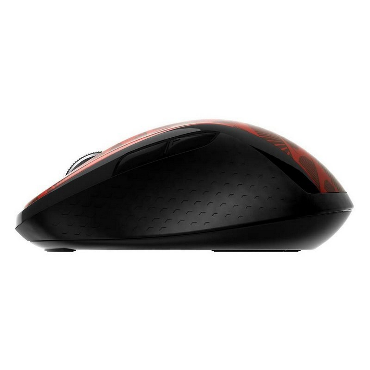 Ratón inalámbrico negro con elementos de diseño rojos en la parte superior. Fondo blanco.
