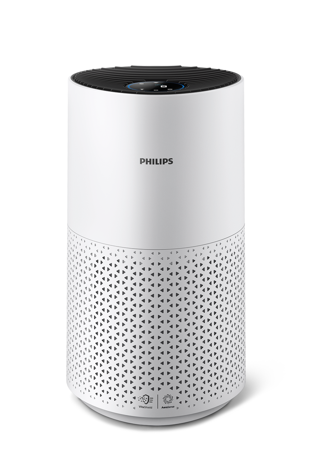 Witte Philips luchtreiniger, cilindrische vorm, met zwarte bovenkant en patroon aan de onderkant.