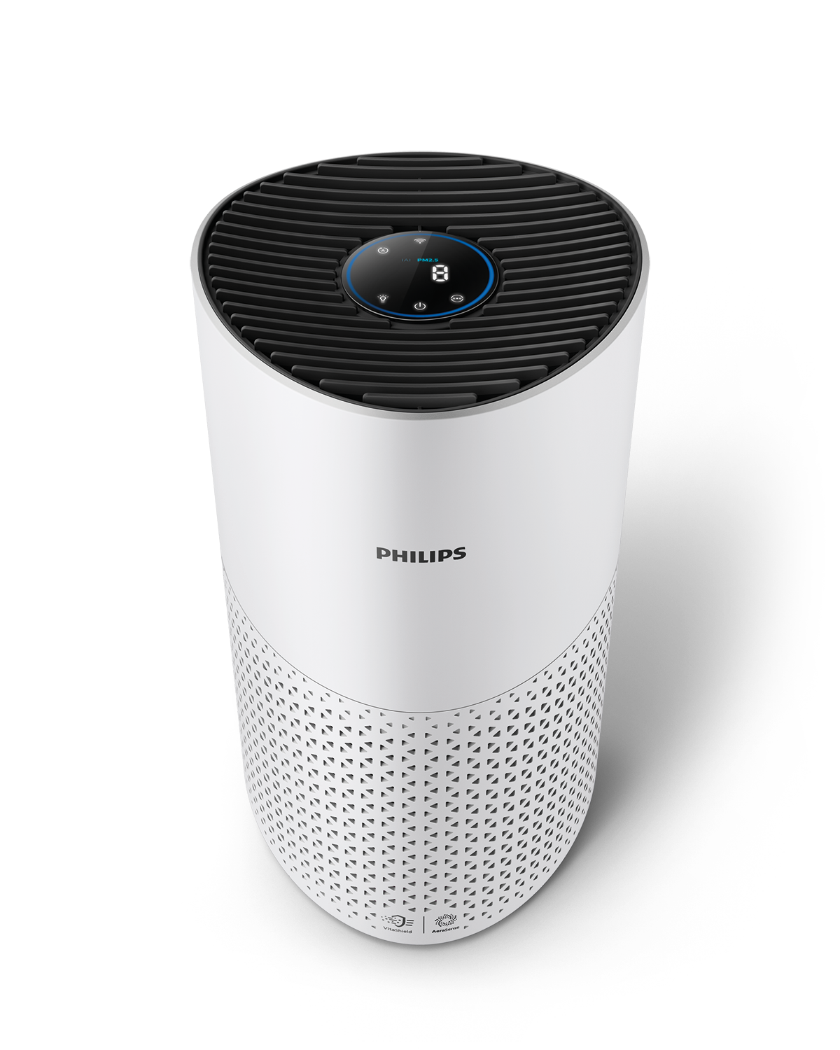 Witte luchtreiniger met zwarte bovenkant, PHILIPS-logo, op zwarte achtergrond.