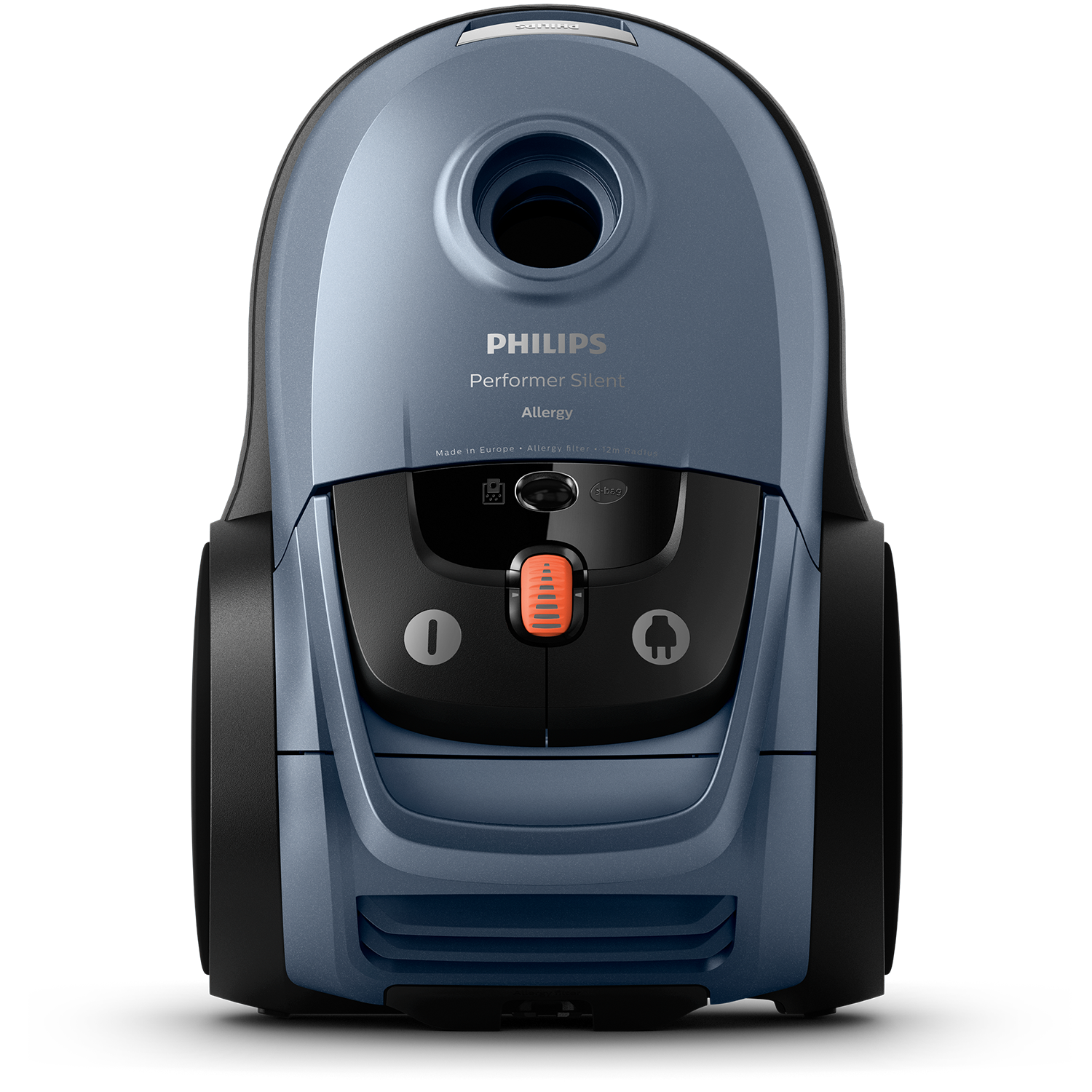 Blauwe Philips stofzuiger met zwarte accenten en een rode aan/uit-knop.