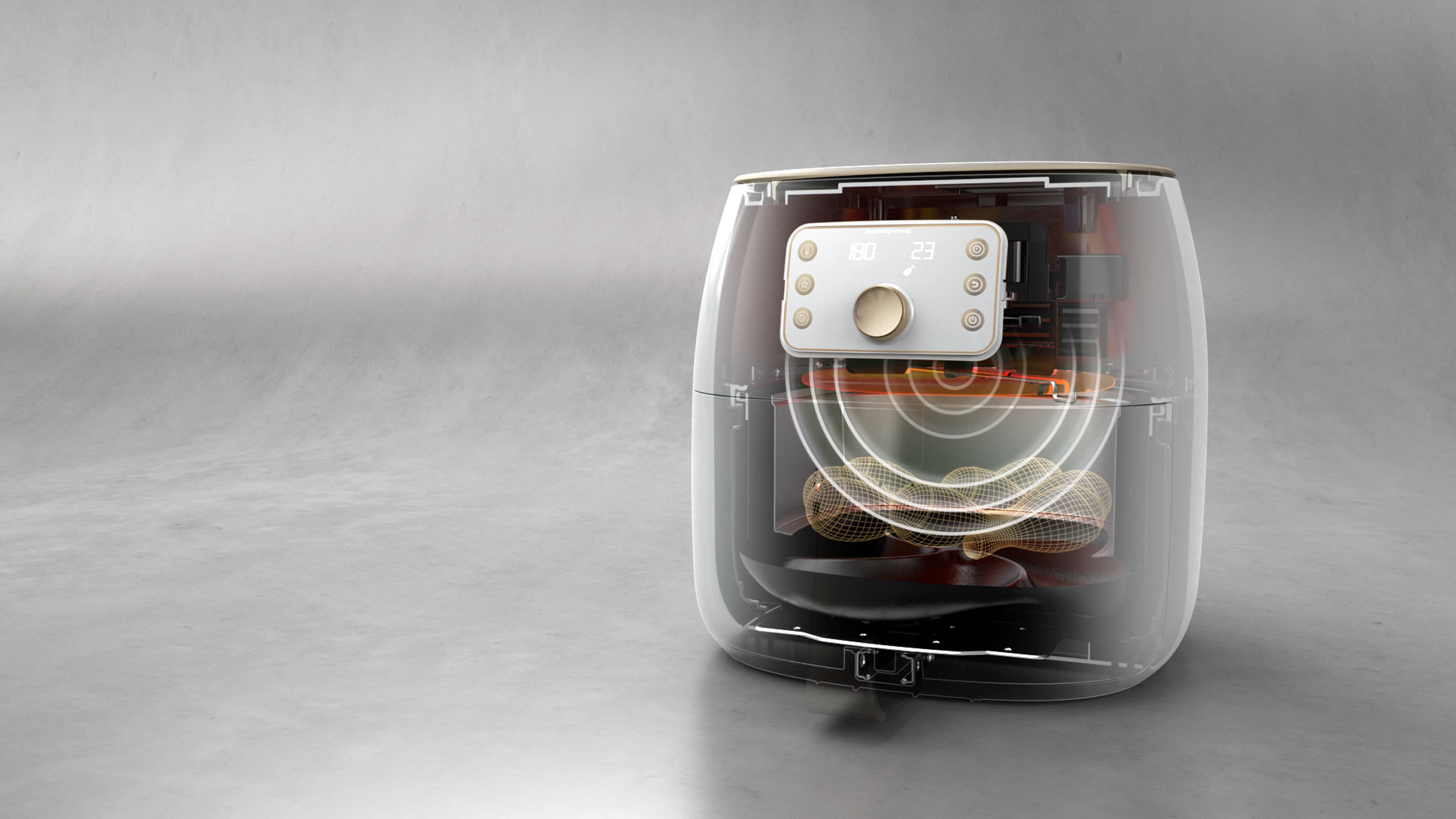 An air fryer with a see-through design, showing the interior components and a control panel with display.