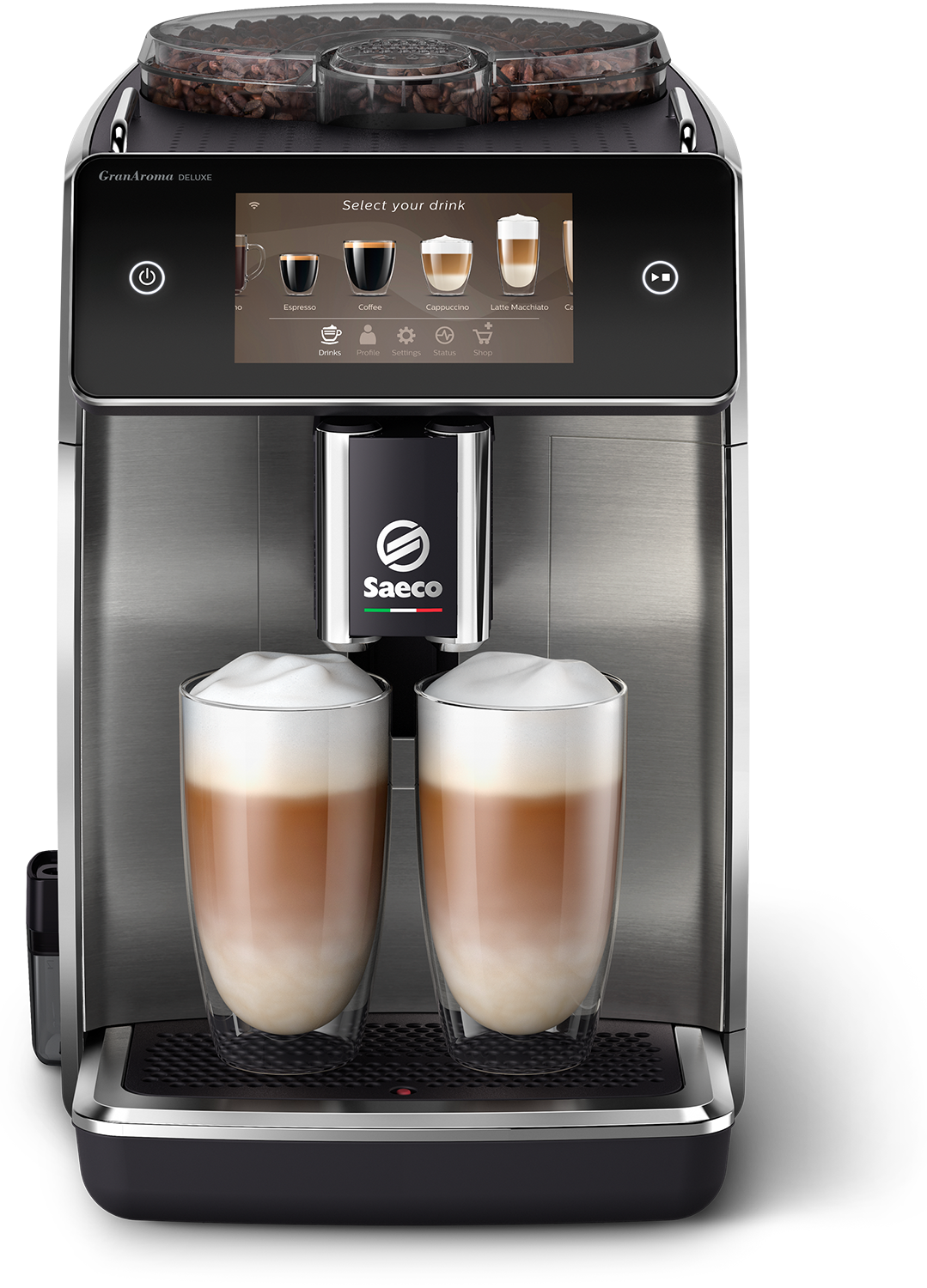Een zilver-zwarte koffiemachine met touchscreen en twee glazen latte macchiato.