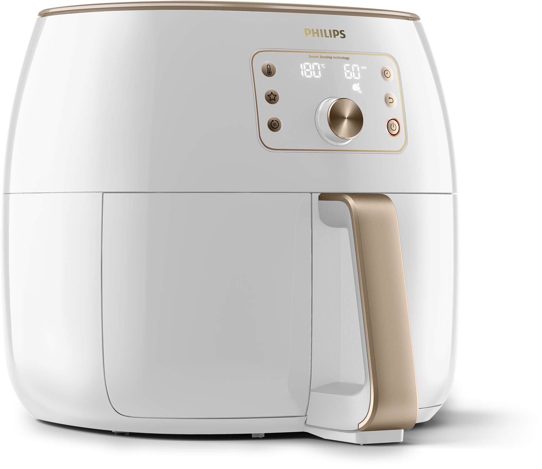 White Philips air fryer with gold accents and a digital display.