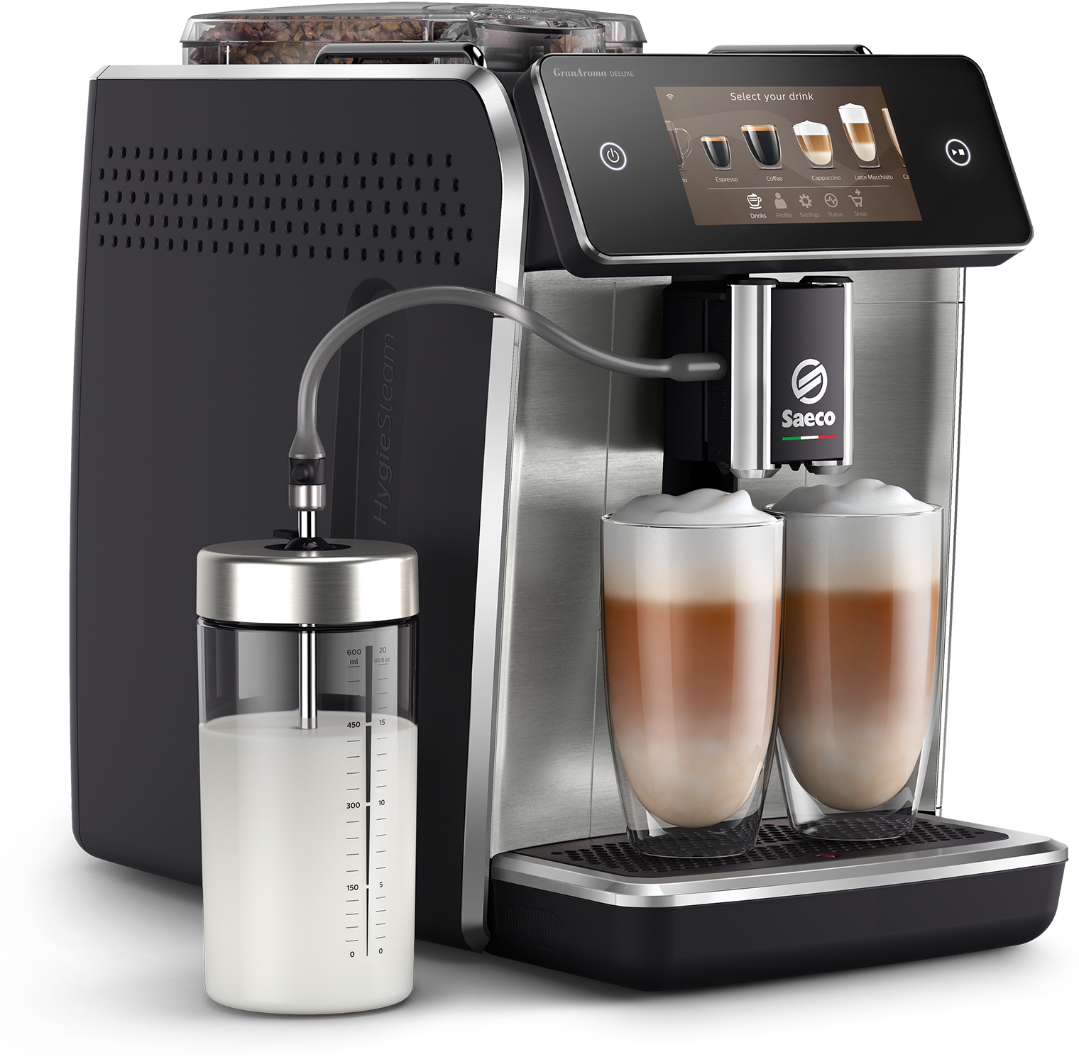 Espressomachine met melkcontainer en twee glazen latte. De machine is zilver en zwart.