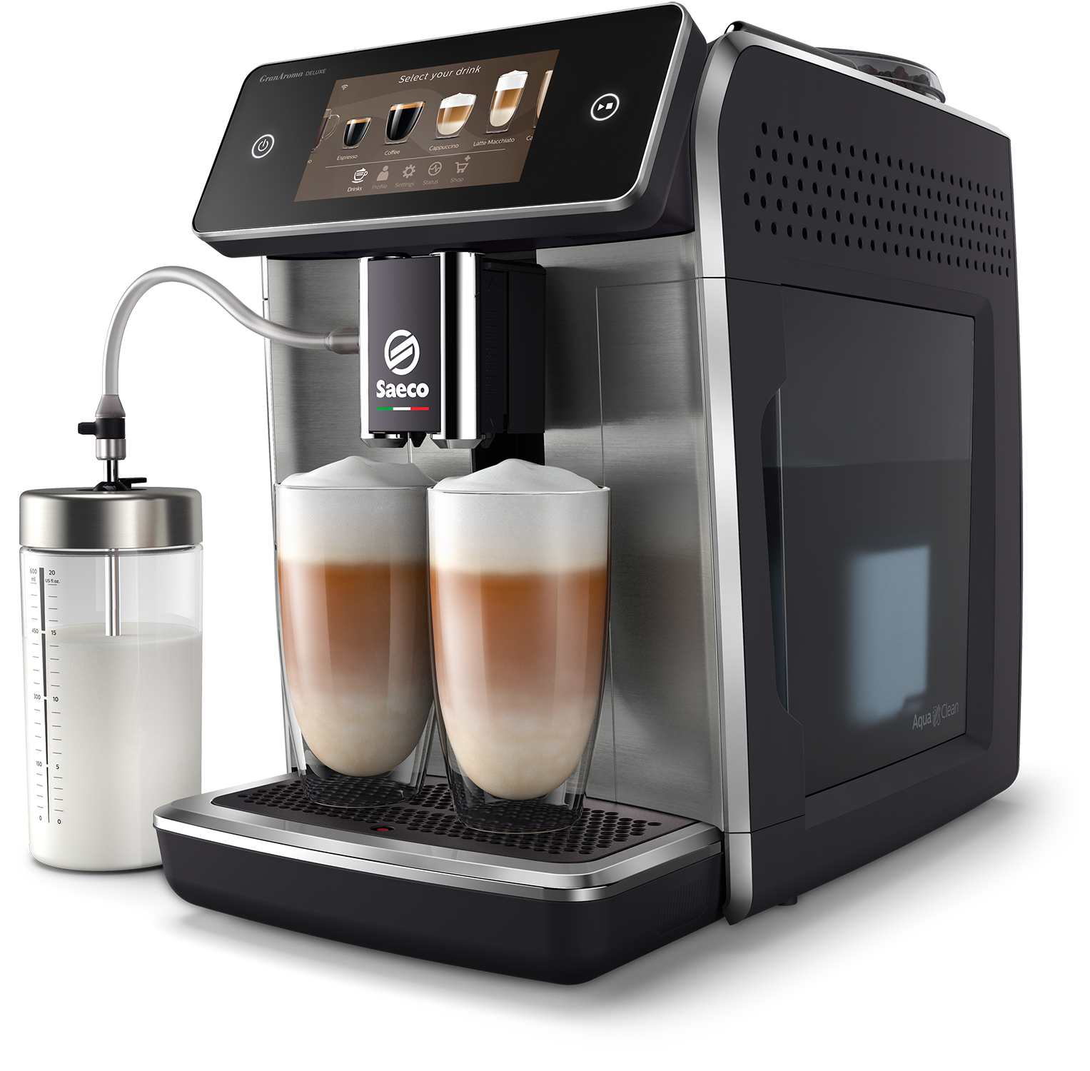 Koffiemachine met twee latte macchiato glazen en een melkcontainer.