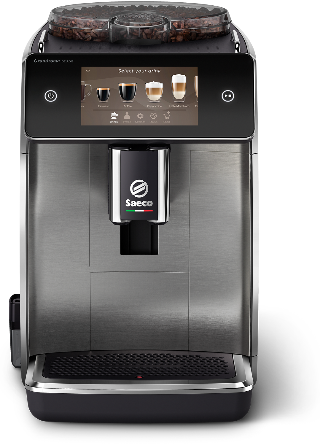 Een zwart-zilveren Saeco koffiemachine met touchscreen display.