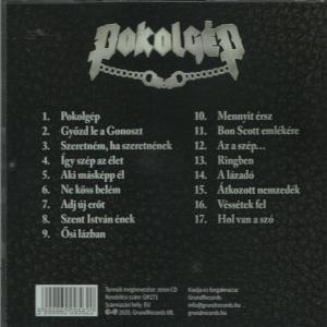 CD hátlapja a Pokolgép zenekar nevével és a dalok listájával magyarul.