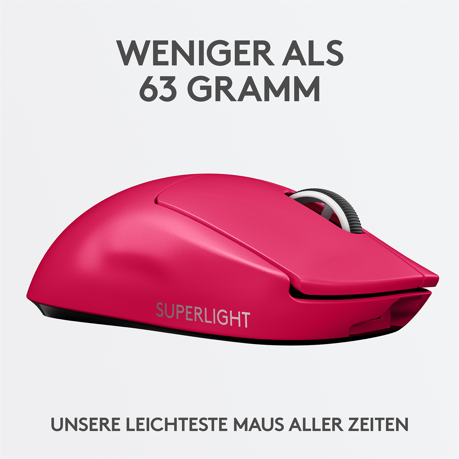 Rosa kabellose Computermaus mit dem Wort 'SUPERLIGHT'. Weißer Hintergrund, Text oben.