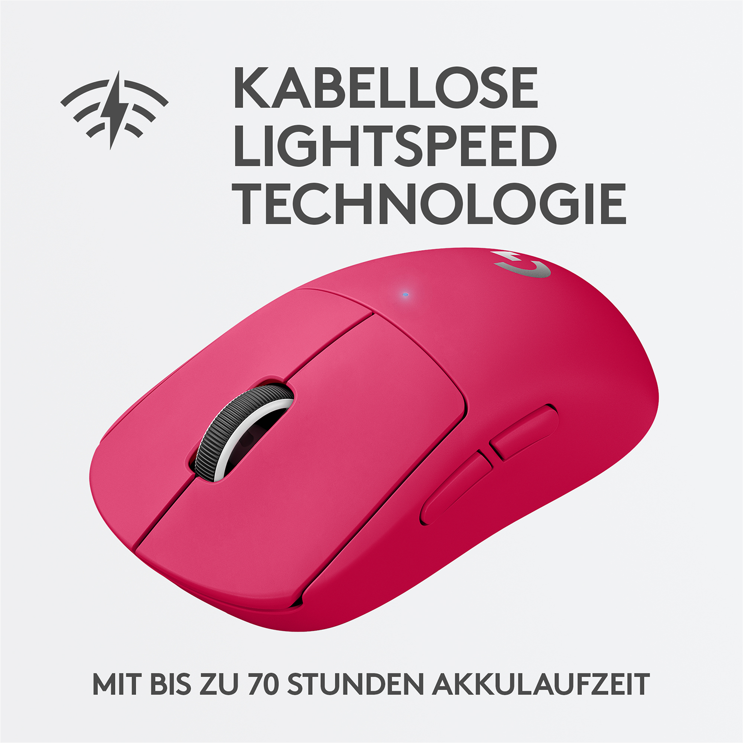 Rosafarbene kabellose Maus mit Scrollrad und Tasten.