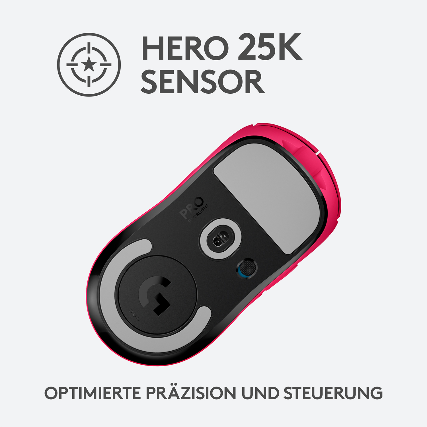 Rosa-schwarze Gaming-Maus, Hero 25K Sensor. Draufsicht, Textüberlagerung, weißer Hintergrund.