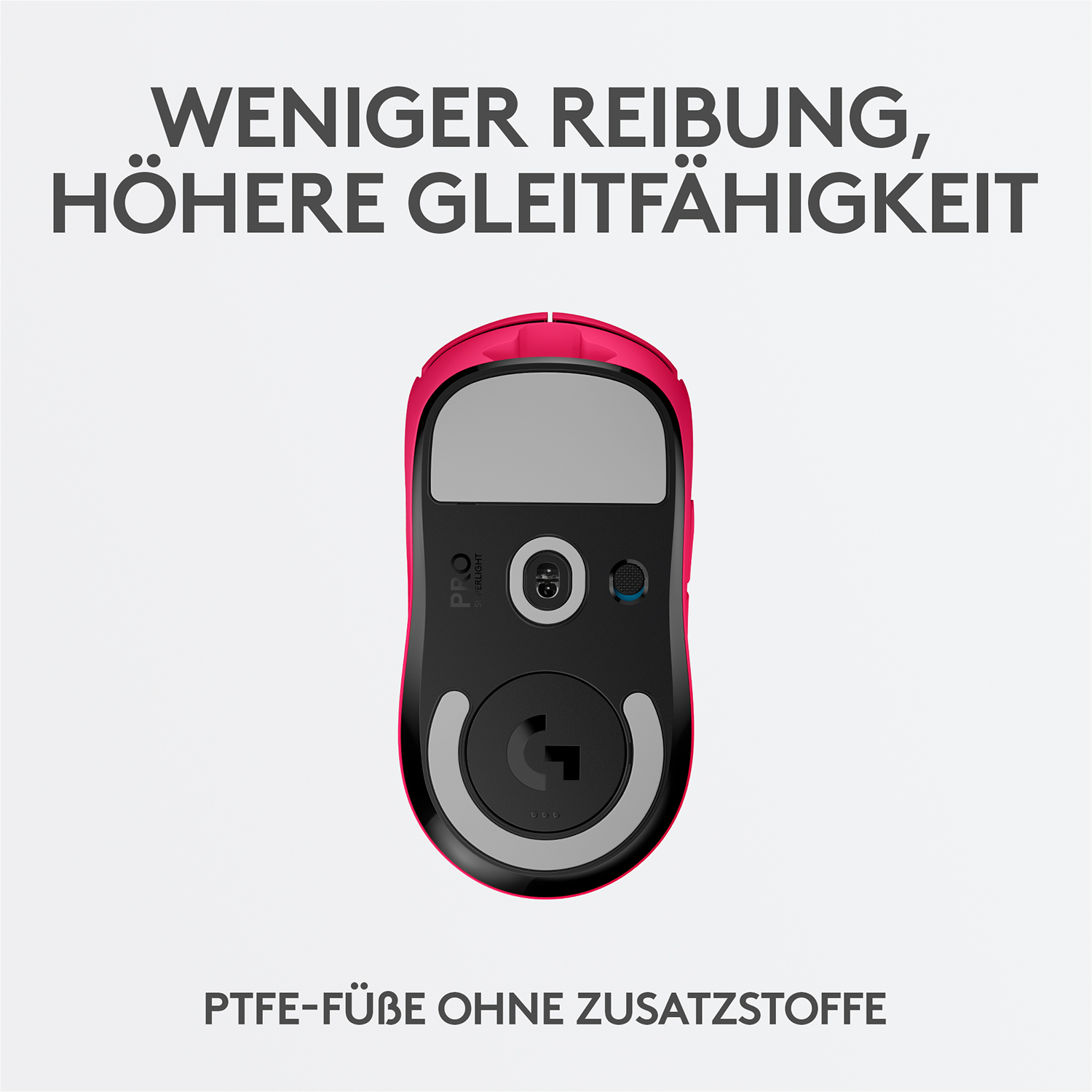 Rosa-schwarze Maus mit weißem Hintergrund. Text: "PTFE-FÜßE OHNE ZUSATZSTOFFE."