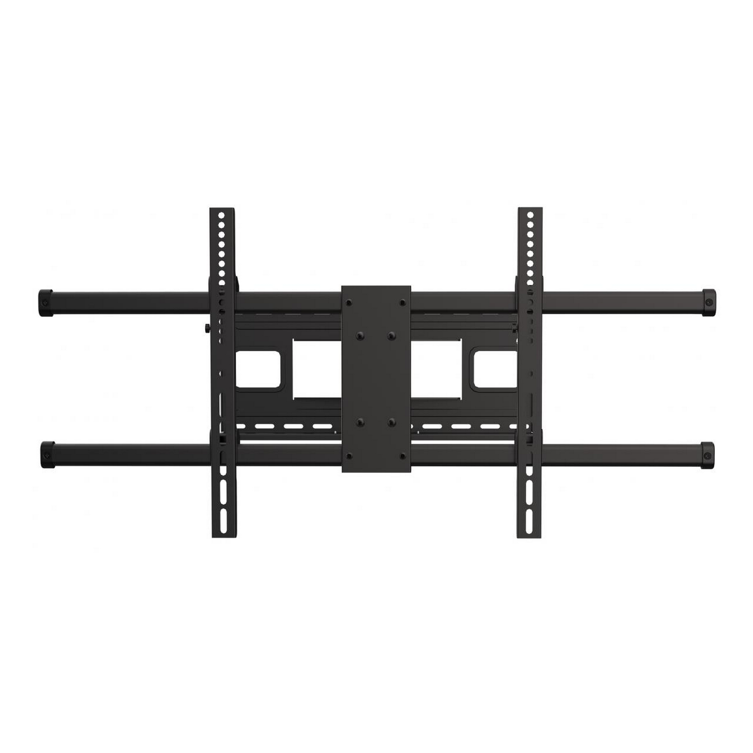 Soporte de TV de metal negro. El soporte tiene dos barras horizontales y dos placas de montaje verticales.