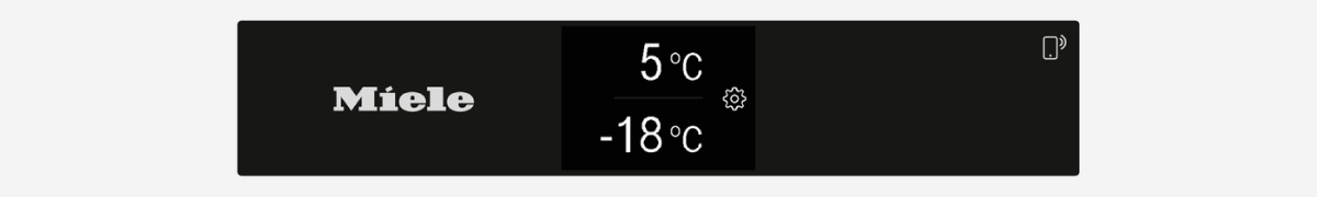 Écran noir affichant texte blanc: Miele, et relevés de température de 5 et -18 degrés Celsius.