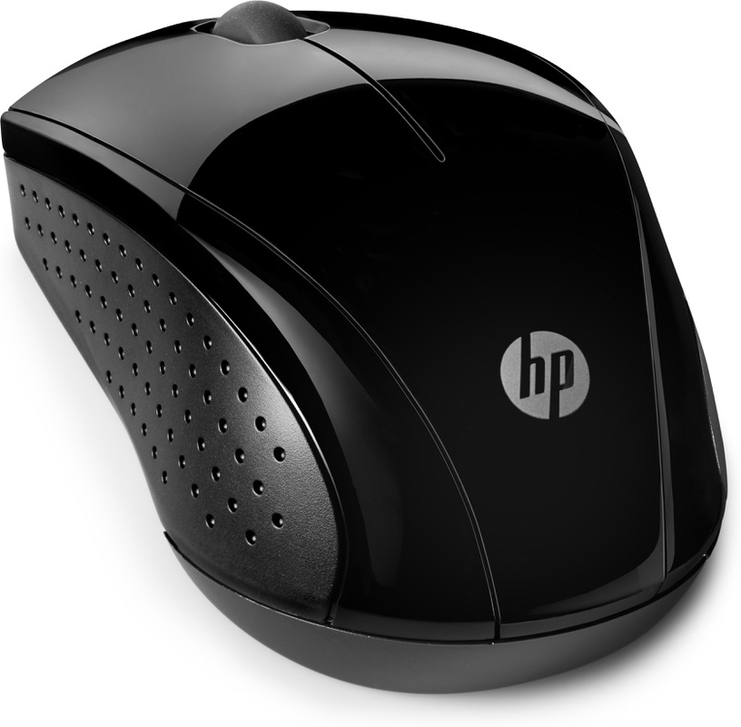 Zwarte draadloze HP-muis met een zilveren HP-logo. De muis heeft een gebogen ontwerp.
