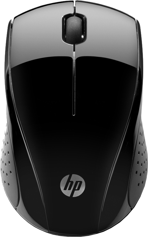 Zwarte HP computermuis, bovenaanzicht. Beschikt over een scrollwiel en HP-logo.