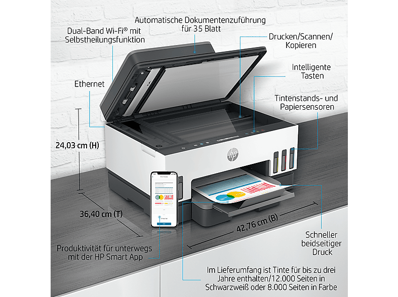 HP Smart Tank 7305 Multifunktionsdrucker, Bluetooth, WLAN, Duplexeinheit (für beidseitigen Druck), A4, A5, A6, Schwarz/Weiß — Foto 3 von 5