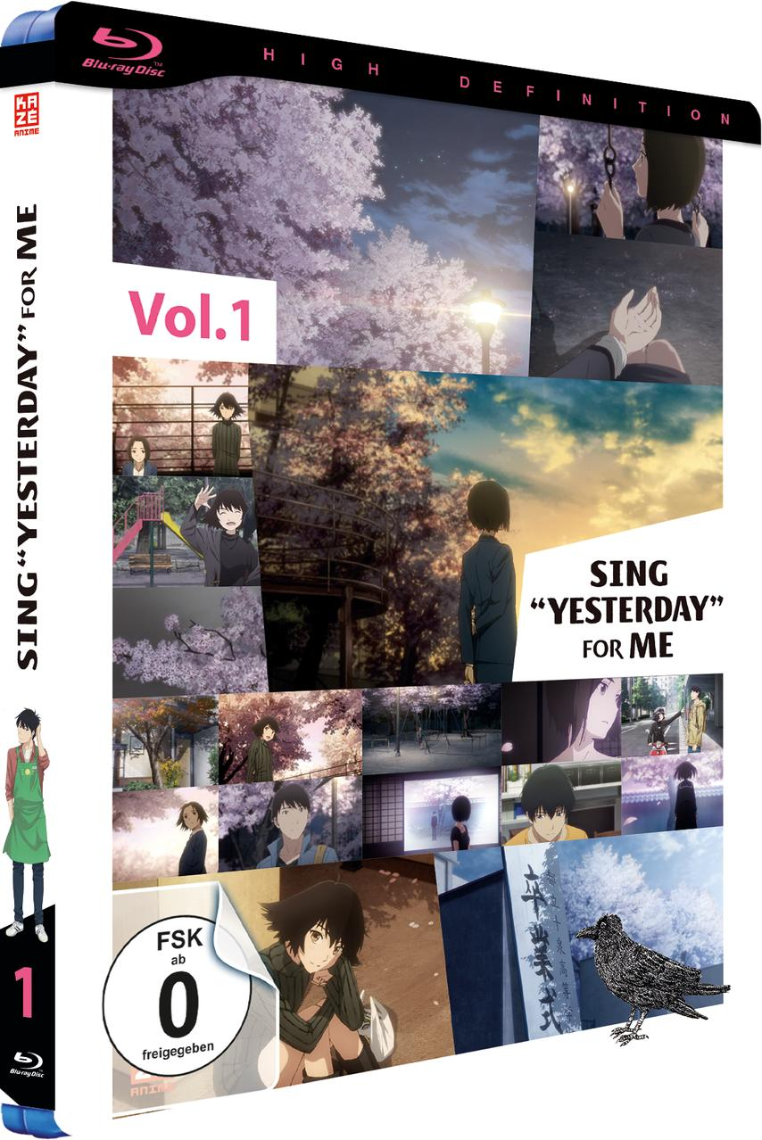 Anime-Blu-ray-Cover mit mehreren Bildern von Charakteren unter Kirschblüten. Titel: Sing "Yesterday" for Me, Vol. 1.