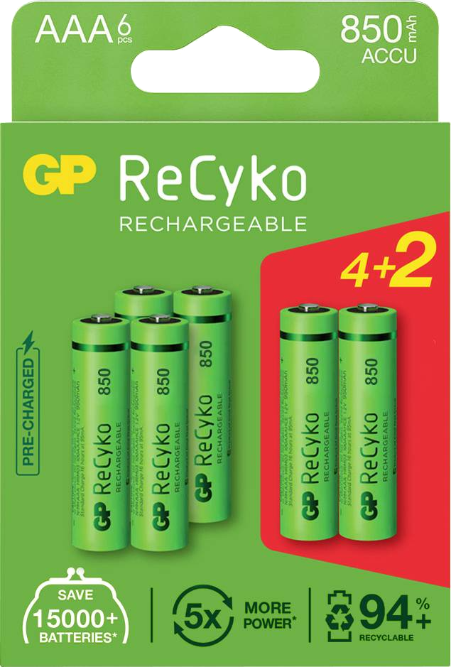 GP BATTERIES Piles rechargeables ReCyko 850 mAh 4+2 AAA (GP85AAAHCE4/2-2BNB6)