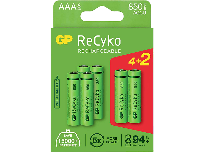 GP BATTERIES Oplaadbare batterijen ReCyko 850 mAh 4+2 AAA (GP85AAAHCE4 ...