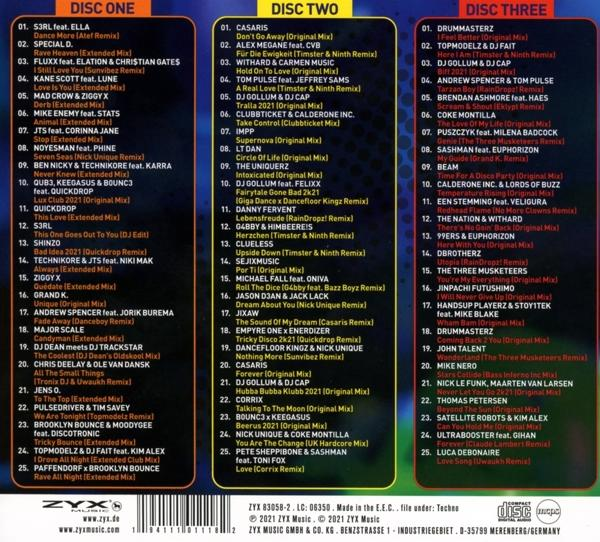 Drei CD-Cover mit farbenfrohem Text und Tracklisten, die verschiedene Musikgenres zeigen.
