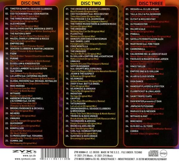 CD-Compilation-Disc mit Musiktiteln, Künstlernamen und Logos auf der Oberfläche gedruckt.