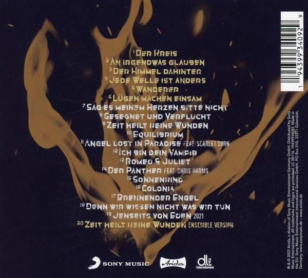 Rückseite eines Albums mit Goldtexturen und deutschem Text. Enthält eine Liste von Titeln.