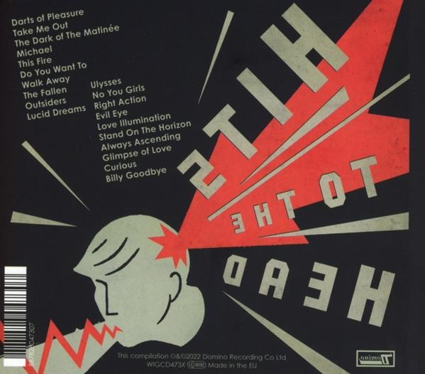 Albumcover mit rotem, weißem und schwarzem Design und einem Kopf mit Blitzen.