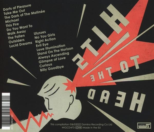 Albumcover mit rot-weißem Design. Mit Songtiteln und schwarzem Hintergrund.
