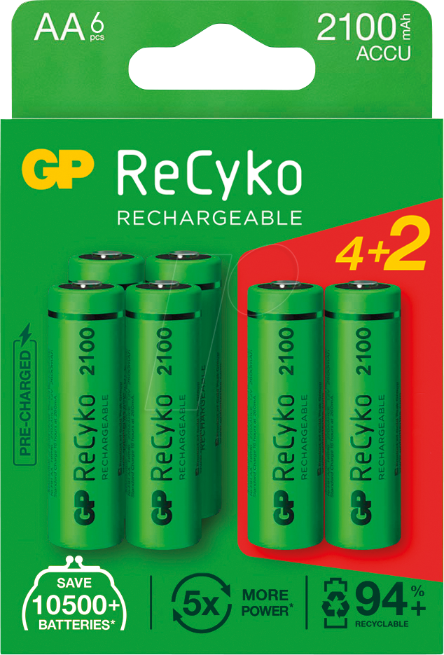 GP BATTERIES Piles rechargeables ReCyko 2100 mAh 4+2 AA (GP210AAHCE4/2-2BNB6)