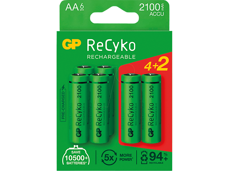 GP BATTERIES Oplaadbare batterijen ReCyko 2100 mAh 4+2 AA (GP210AAHCE4 ...