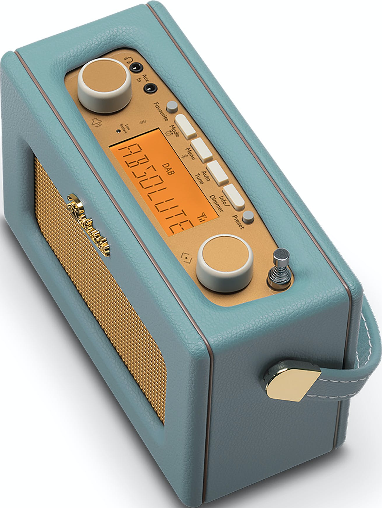 Ein blauer Retro-Radio mit goldener Lautsprechermatte und einem orangefarbenen Display.