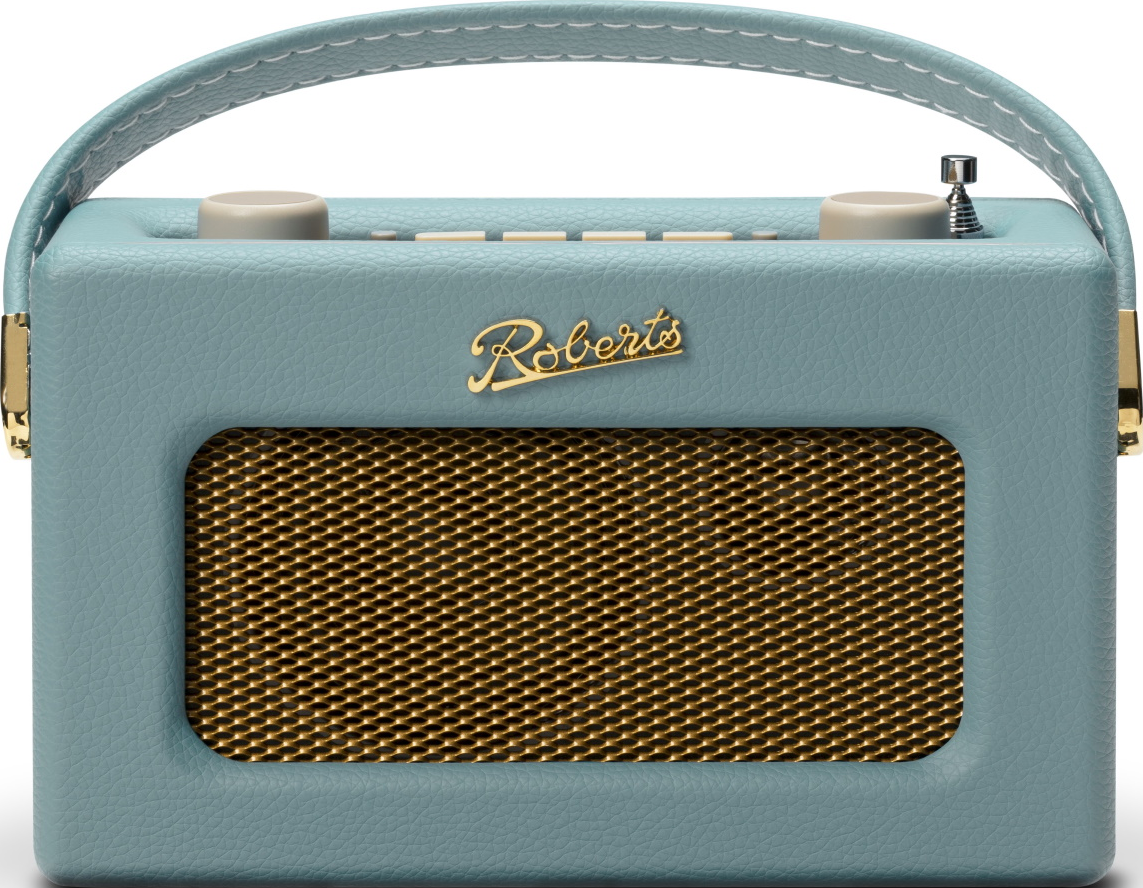 Blauer Retro-Radio mit goldenem Lautsprechergrill und Griff.