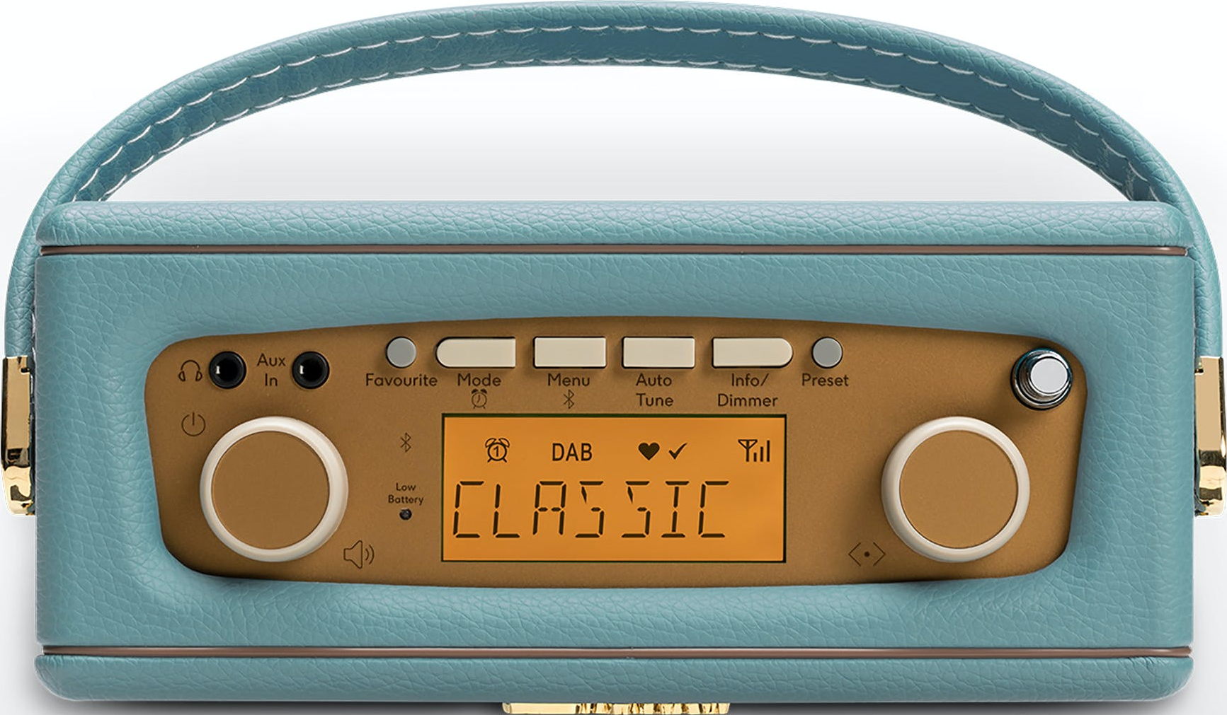 Ein blauer Riemenradio mit goldenen Akzenten und einem Display, das "CLASSIC" anzeigt.