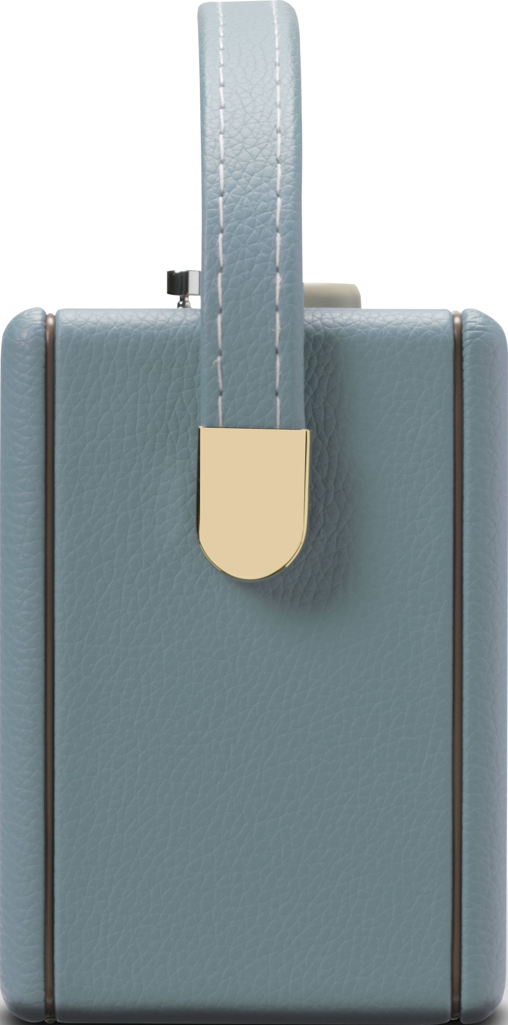 Eine hellblaue Lederbox mit Tragegriff und goldener Schnalle.
