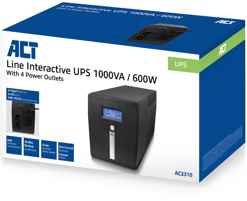 Line Interactive UPS 1000VA/600W, fekete, aljzatokkal.