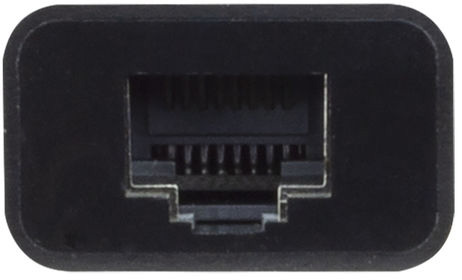 Egy fekete Ethernet port közelképe. Egy téglalap alakú aljzat, több kis nyílással belül.