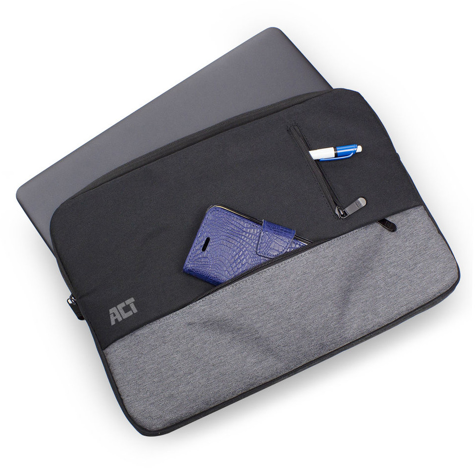 Laptop fekete és szürke tokban, egy kék telefontok és egy toll látható a zsebben.