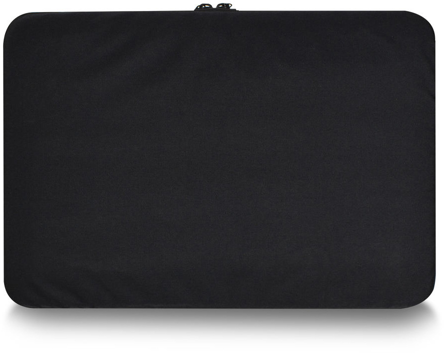 Fekete laptop tok. A tok téglalap alakú, felül cipzárral. Egyszerű fekete anyag.