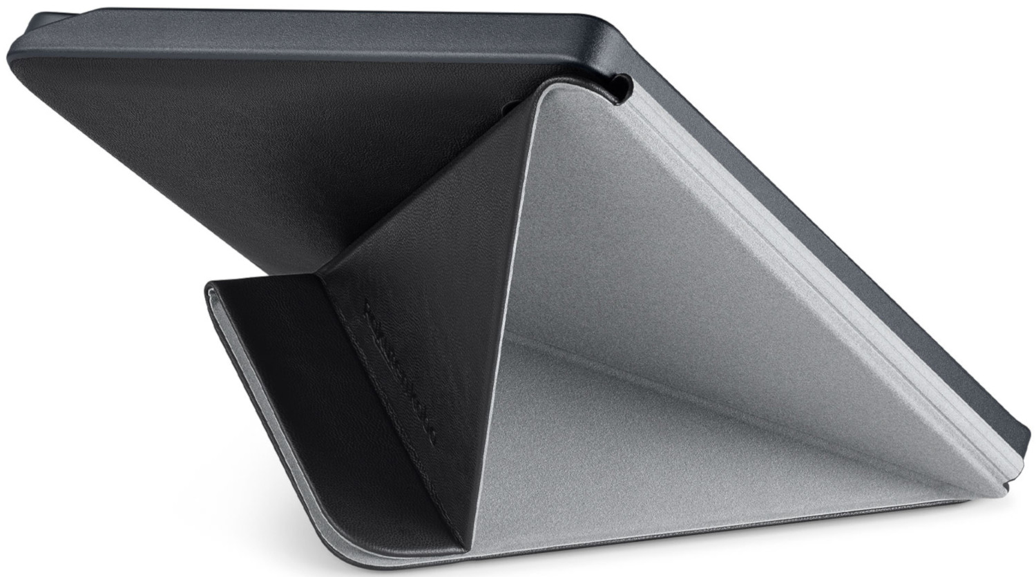 Housse de tablette, noire, pliée pour soutenir la tablette. Intérieur en matériau gris.