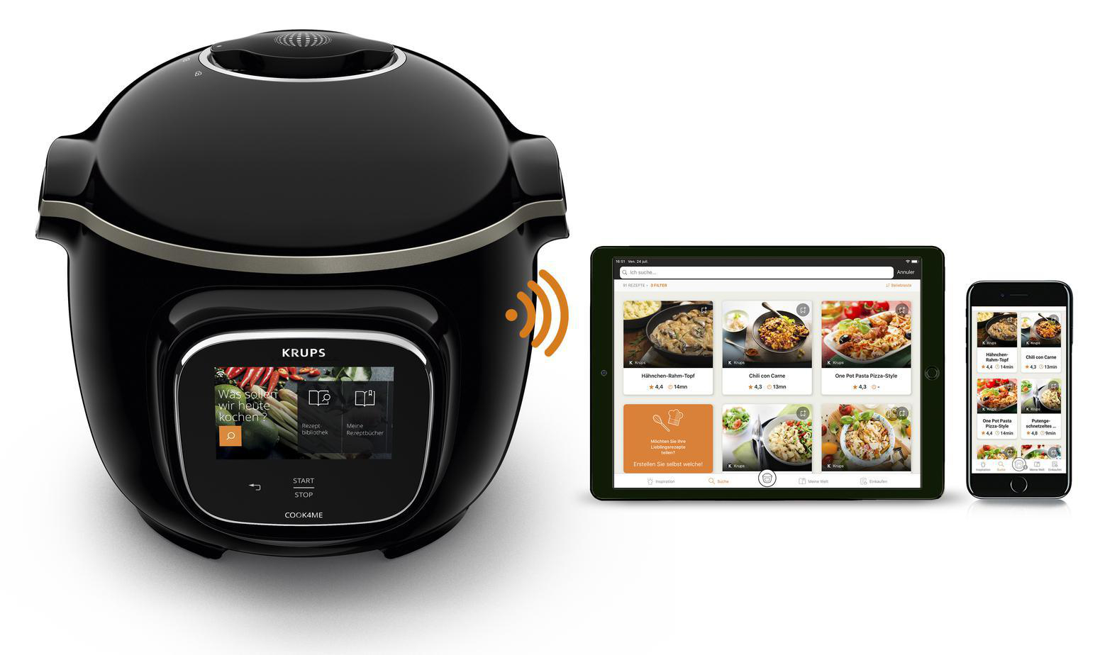 Schwarzer Krups Cook4Me Smart-Kocher mit Tablet und Telefon, die Rezepte auf ihren Bildschirmen zeigen.