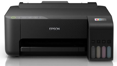 A black Epson printer with ink tanks on the side and the Epson logo.