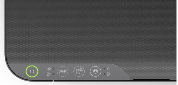 Close-up of a printer's control panel with power button and Wi-Fi, print, and ink level indicators.