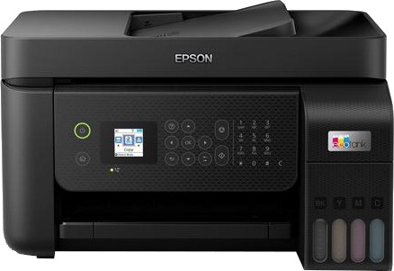 Black Epson printer with a color screen, buttons, and ink tanks on the side.