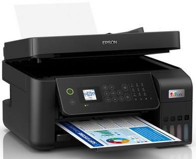 A black printer with a document coming out. It has a screen and ink cartridges. White background.