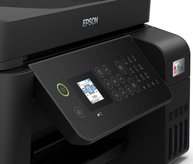 Printer control panel with a color display, buttons for functions and a power button. Black, angled.